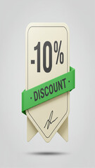 Minus 10 Percent Discount 3D Tag Label Banner Isolated on Gray Background