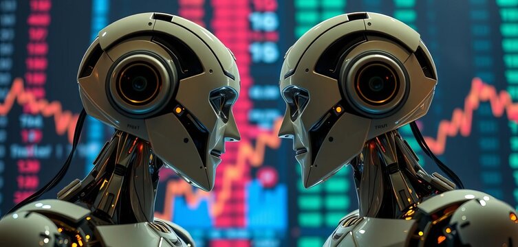 Two robotic figures face off, stock market data fluctuating behind,   futuristic,  conflict