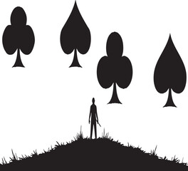 Mysterious scene with a silhouetted figure facing giant playing card suits, a blend of fantasy and poker.

