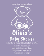 Minimalist baby shower invitation design with cute teddy bear illustration. Elegant pastel vector template for newborn party and baby event decor. Flat simple baby shower card.