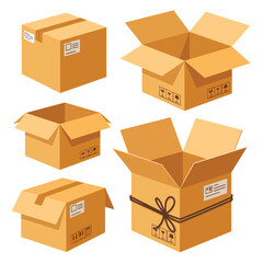 Fototapeta premium Collection of cardboard boxes in various open and closed states with shipping symbols