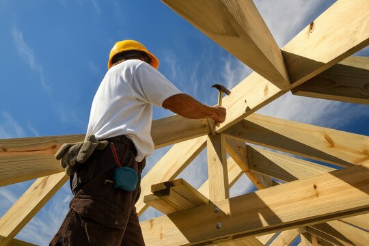roofer ,carpenter working on roof structure at construction site