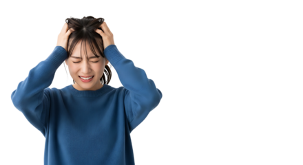 Stressed Young Asian Woman Clutching Head Suffering from Headache or Anxiety Isolated on White Background