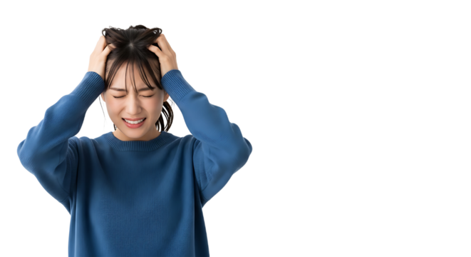 Stressed Young Asian Woman Clutching Head Suffering from Headache or Anxiety Isolated on White Background