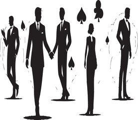 Elegant silhouettes of men and a woman surrounded by playing card suits, evoking sophistication and gambling.


