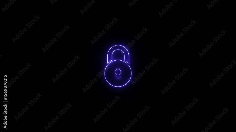 Poster padlock symbol displayed on dark background representing digital security. neon glowing padlock anim