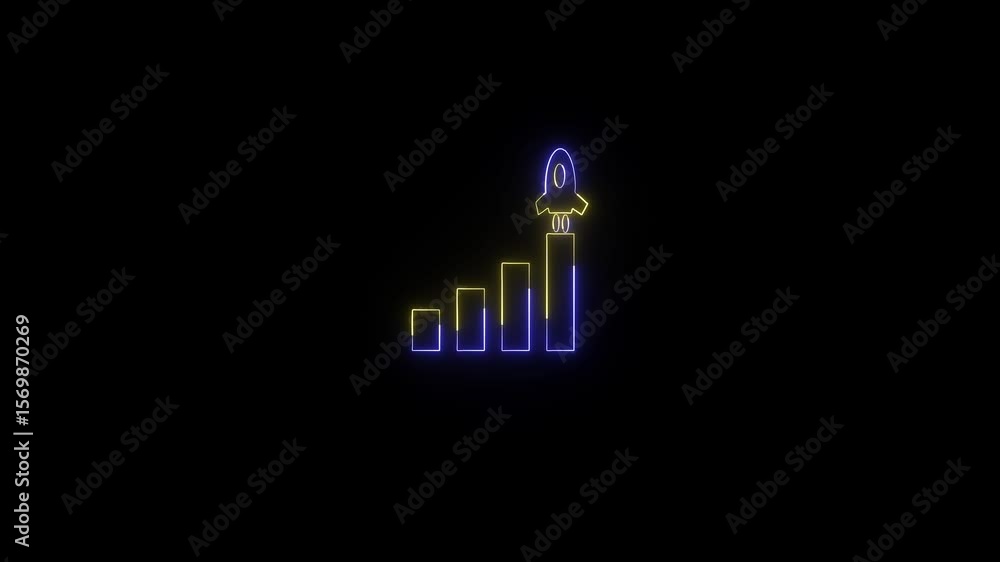 Poster neon bar chart and rocket representing business growth and development concept. neon rocket bar char