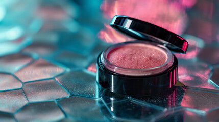 Pink Glitter Cream Blush in Glossy Container on Reflective Tile,pink sparkle cosmetics close-up, beauty marketing visual