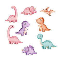 Cute cartoon dinosaur illustration set isolated on white background