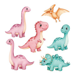 Cute cartoon dinosaur illustration set isolated on white background