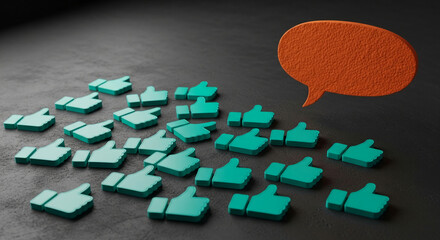 Numerous teal thumbs-up symbols cluster near an orange speech bubble, symbolizing social media engagement and feedback, perfect for marketing or communication concepts