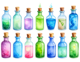 Set of Hand-Painted Watercolor Potion Bottles with Magical Contents,