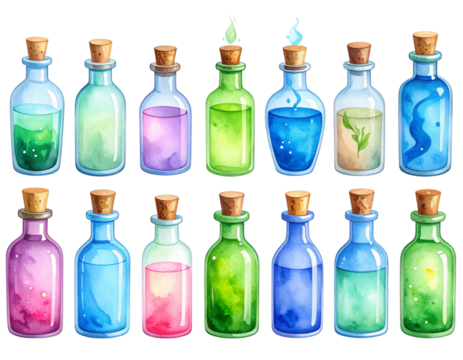 Set of Hand-Painted Watercolor Potion Bottles with Magical Contents,