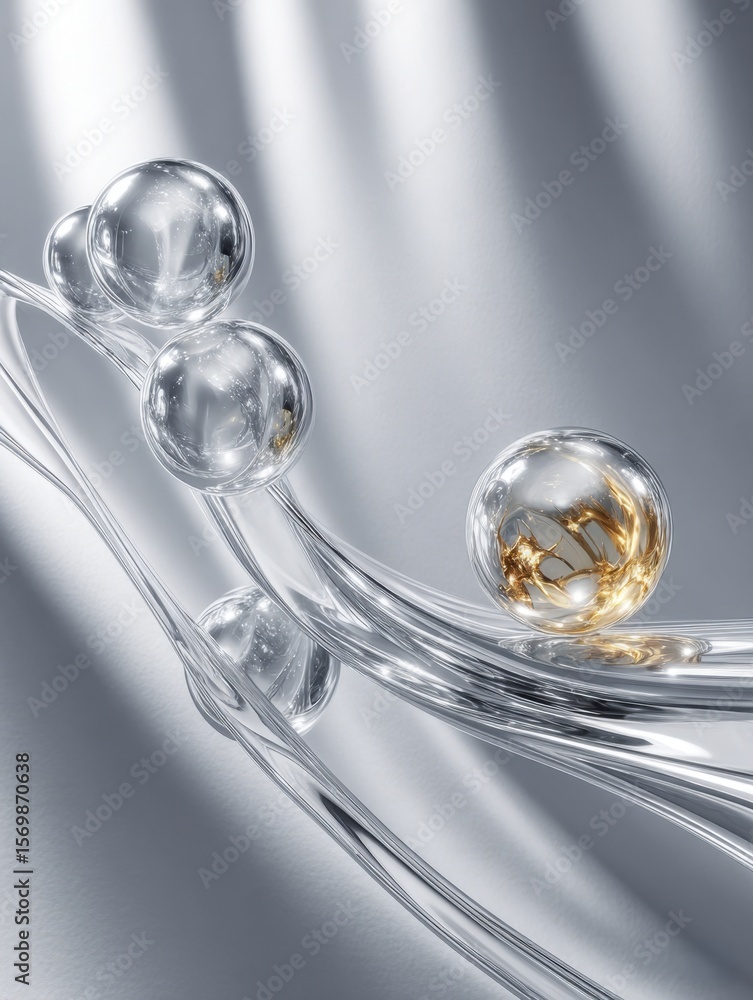 Poster a mesmerizing composition featuring clear spheres resting on a transparent structure against a gray 