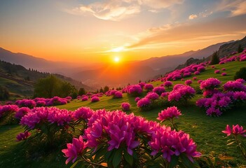 Fototapeta premium Sunrise illuminates pink rhododendron-covered mountain lawns, vibrant spring valley scene, color, dawn
