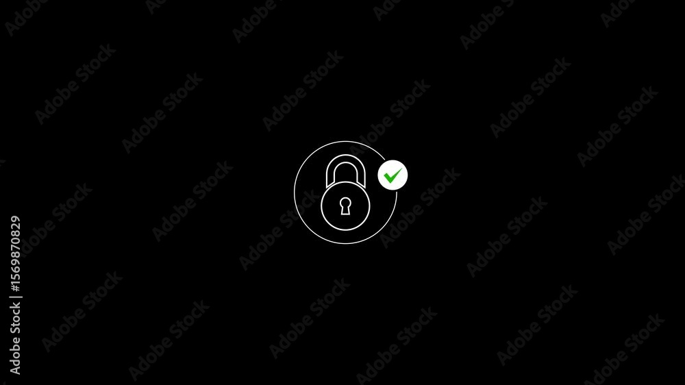 Poster padlock verification animation. secure access granted with checkmark symbol representing data protec