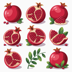 Collection of fresh ripe pomegranates and pomegranate seeds with leaves
