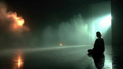 Silhouette of a Person Meditating in a Mysterious, Smoke-Filled Room with Light Streaming from an Open Doorway A Cinematic Visual