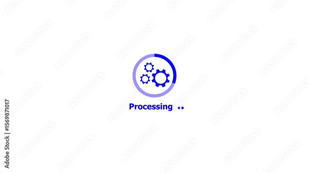 Poster animated progress indicator displaying processing with gear icon in a clean white background