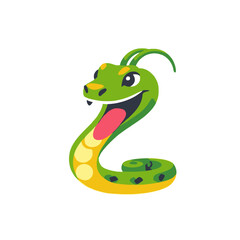 Fototapeta premium Cute Cartoon Snake Illustration- Smiling Green Reptile with Tongue Out- Funny Animal Character Design- Vector Graphic for Kids Content- Isolated on White Background