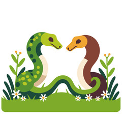 Naklejka premium Cute Cartoon Snakes in Love Illustration- Whimsical Reptile Art for Kids- Green and Brown Snake Couple with Flowers and Grass- Adorable Serpent Graphic Design
