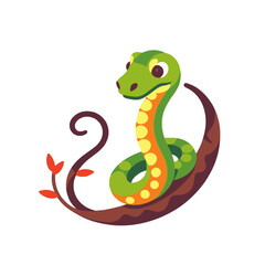 Fototapeta premium Cute Green Snake Cartoon Illustration-Friendly Reptile on Branch-Vibrant Colors Animal Art-Kids Design-Nature Inspired Graphics-Educational Resource-Wildlife Artwork