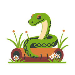 Fototapeta premium Cute Green Snake Illustration-Cartoon Snake in Log with Flowers-Playful Reptile Vector Graphic-Nature Inspired Design-Perfect for Kids Content