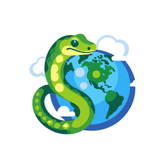 Obraz premium Green Snake Coiling Around Globe Illustration- Earth Day Concept Artwork- Environmental Awareness Graphic- Reptile and Planet Image- Nature Conservation Art