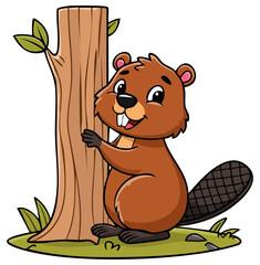 Cute cartoon beaver by a tree 