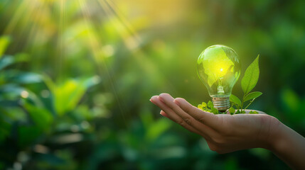 Renewable Energy. Hand holding a Green world on the light bulb on green background. Green energy sources for sustainable Environmental. Clean energy technology and eco friendly