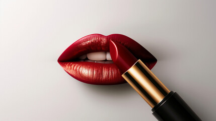 Red Lipstick with Gold Accents on White Background , gold and red beauty visual, beauty packaging elegance