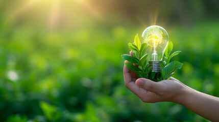 Renewable Energy. Hand holding a Green world on the light bulb on green background. Green energy sources for sustainable Environmental. Clean energy technology and eco friendly
