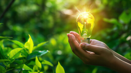 Renewable Energy. Hand holding a Green world on the light bulb on green background. Green energy sources for sustainable Environmental. Clean energy technology and eco friendly