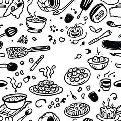 Home Kitchen Icons  A Vector Collection Featuring Steaming Pots, Bowls, Cakes, Utensils, and Comfort Foods in Wholesome Cooking Scenes