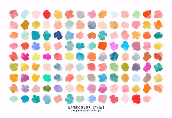Set of colorful watercolor hand painted different shapes, stains, circles, blobs isolated on white background. Vector elements for design