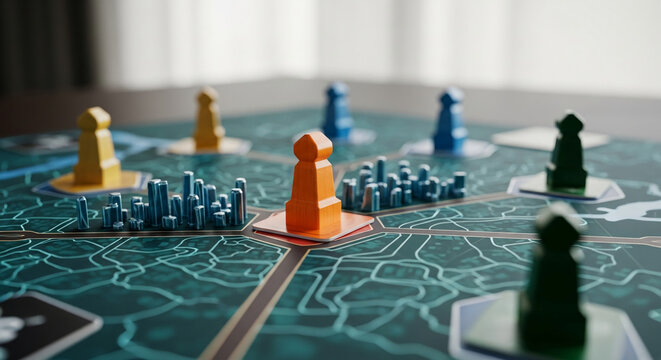 Close-up of a board game showcasing game pieces on a teal city map, representing strategic planning and urban development, ideal for strategy game concepts