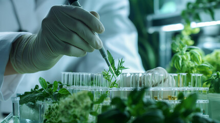 Scientist examining plant extract with pipette in laboratory for medical research and development work 