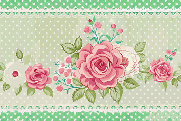 Vintage Floral Border with Roses and Polka Dots on Green Background
