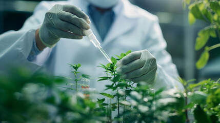 Scientist examining plant extract with pipette in laboratory for medical research and development work 