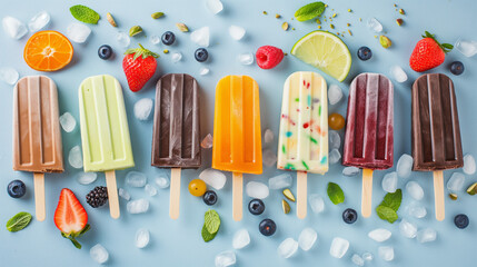 
Selection of bright multicolored ice cream popsicle. Various gelato, frozen lollypops - chocolate vanilla blueberry strawberry pistachio orange, with crushed ice on light blue sunny background 