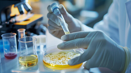 Scientist analyzing mold growth on petri dish for research in laboratory