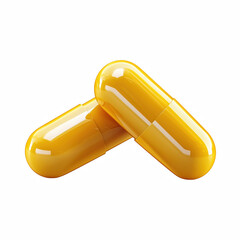 Two glossy yellow capsules with smooth pharmaceutical design isolated on transparent background.