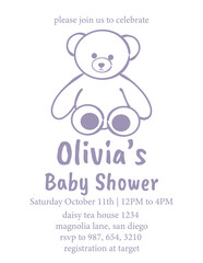 Minimalist baby shower invitation design with cute teddy bear illustration. Elegant pastel vector template for newborn party and baby event decor. Flat simple baby shower card.