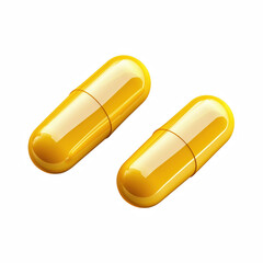 Two glossy yellow capsules with smooth pharmaceutical design isolated on transparent background.