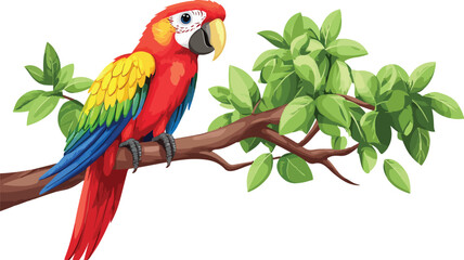 Colorful Scarlet Macaw Perched on a Branch with Green Leaves