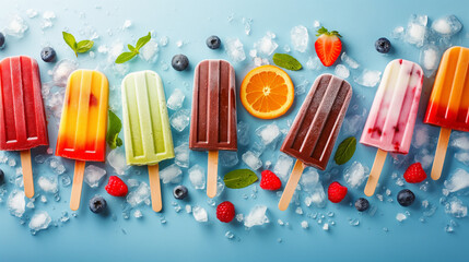 
Selection of bright multicolored ice cream popsicle. Various gelato, frozen lollypops - chocolate vanilla blueberry strawberry pistachio orange, with crushed ice on light blue sunny background 