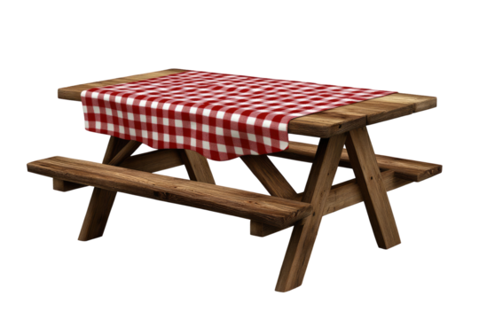 Wooden picnic table with red and white checkered tablecloth