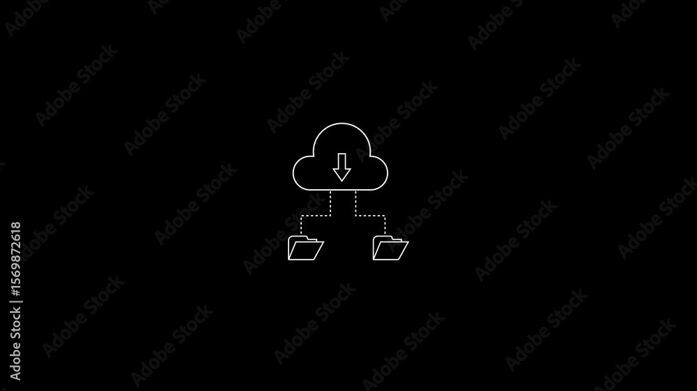 Poster cloud computing diagram illustrating data download process to folders with black background