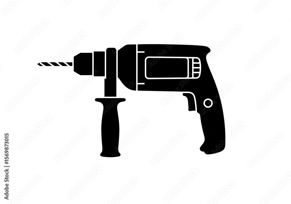 Poster illustration of a black power drill with a side handle on a white background in vector format