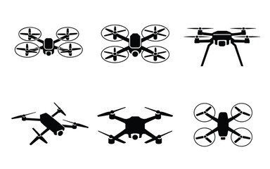 Drone Icon Collection – Quadcopters and Hexacopters in Black Silhouette Style